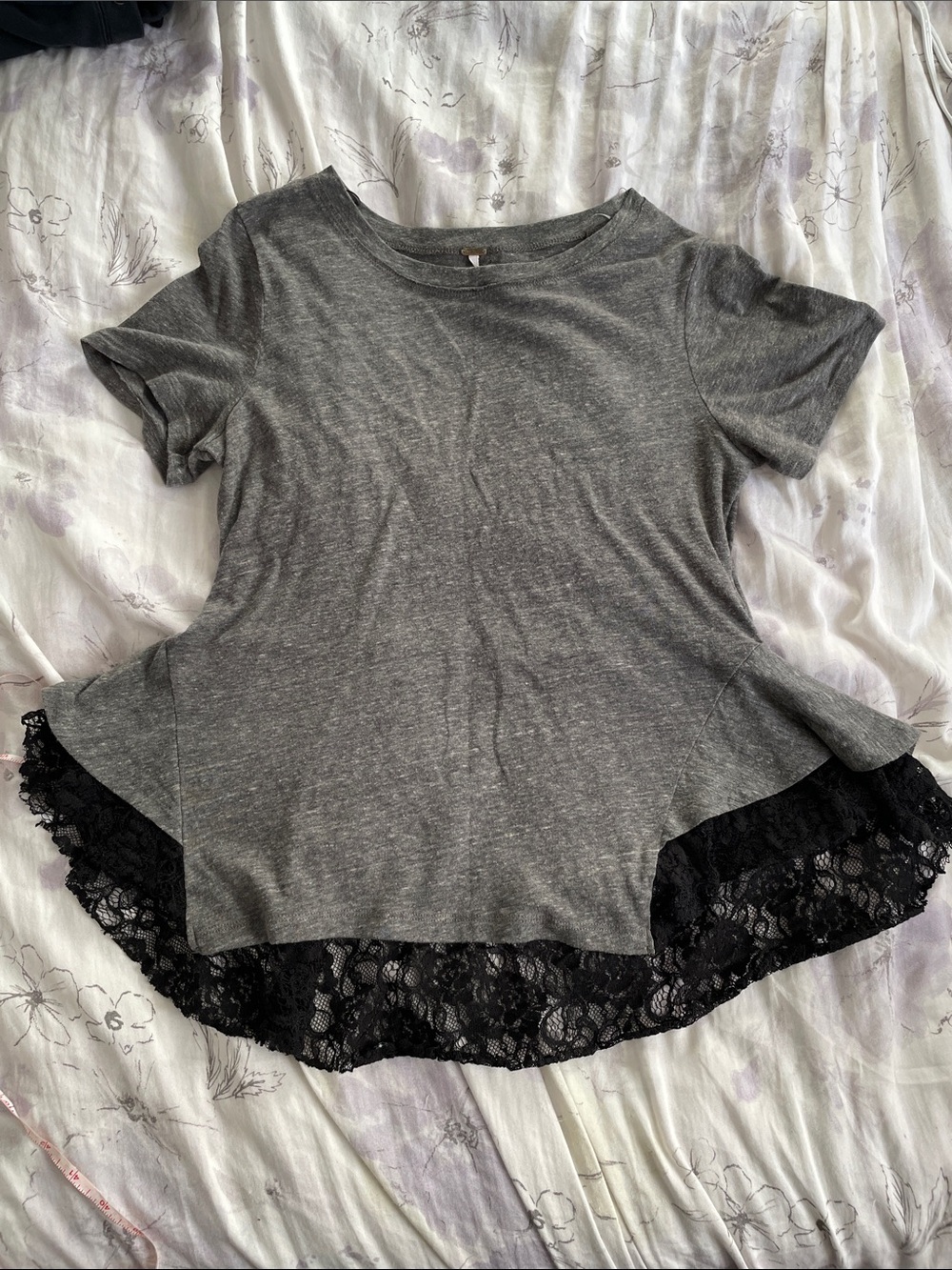 Free People Women's Gray Short-Sleeve Top with Black Lace Hem